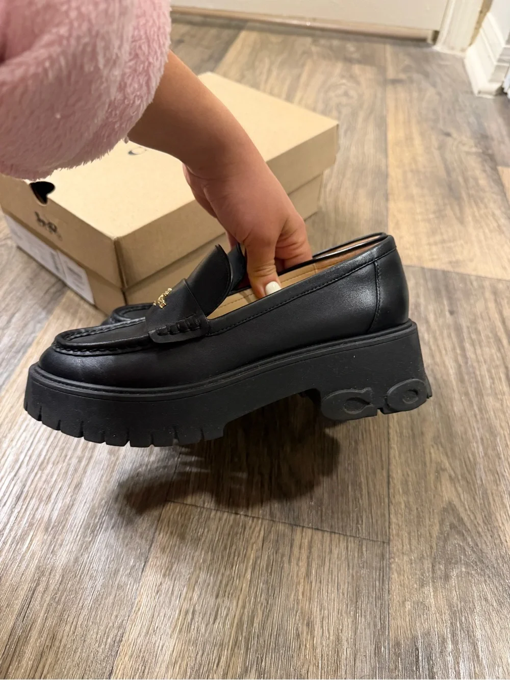 Coach Woman Black Leather Chunky Loafers - Picture 3 of 8